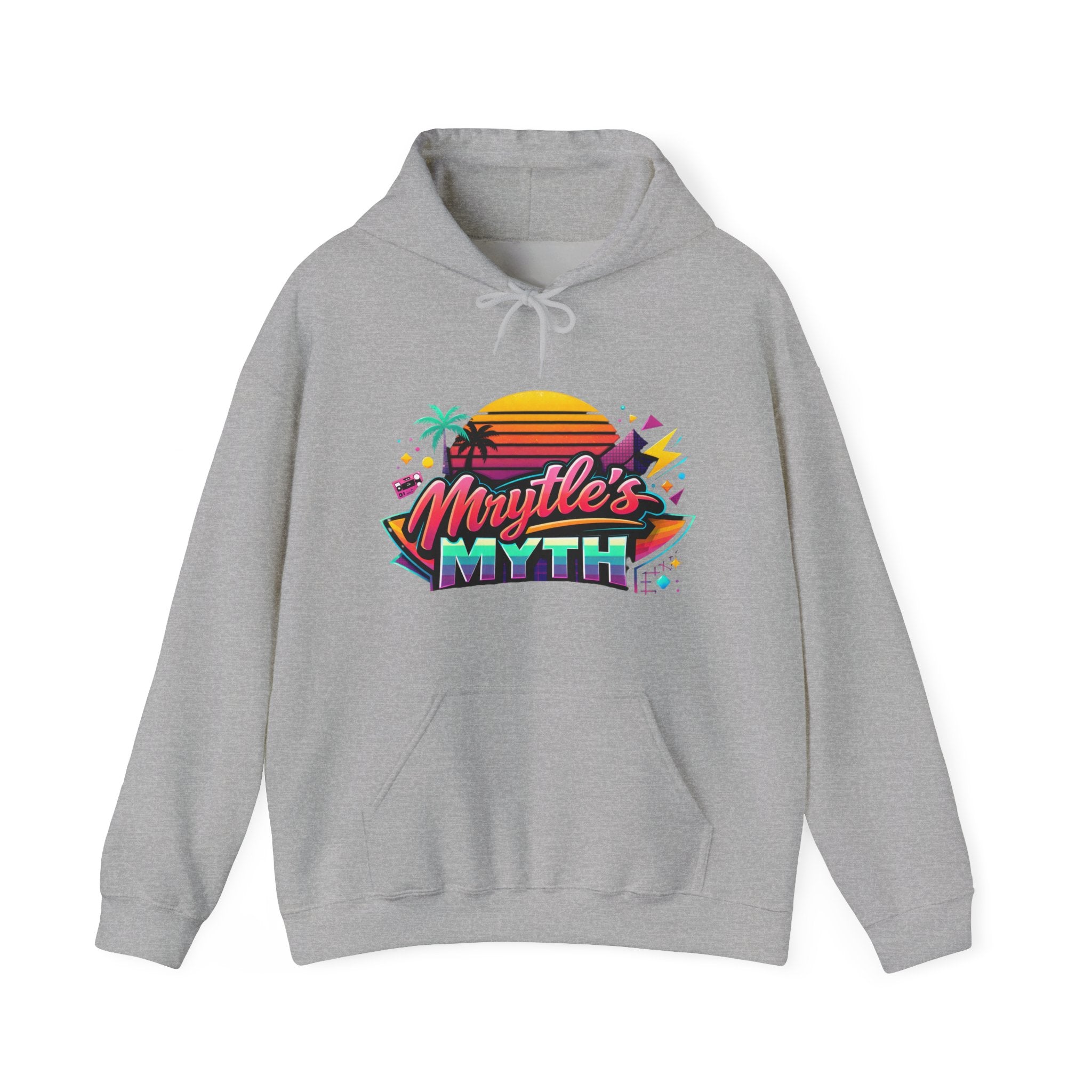 Retro Sunset Hoodie — "Myrtle's Myth" Neon Palm Beach Pullover