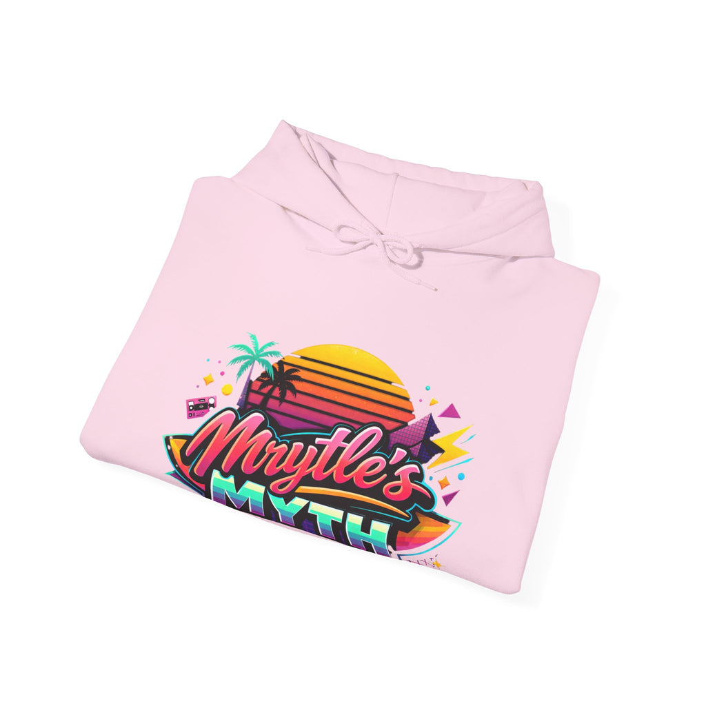 Retro Sunset Hoodie — "Myrtle's Myth" Neon Palm Beach Pullover