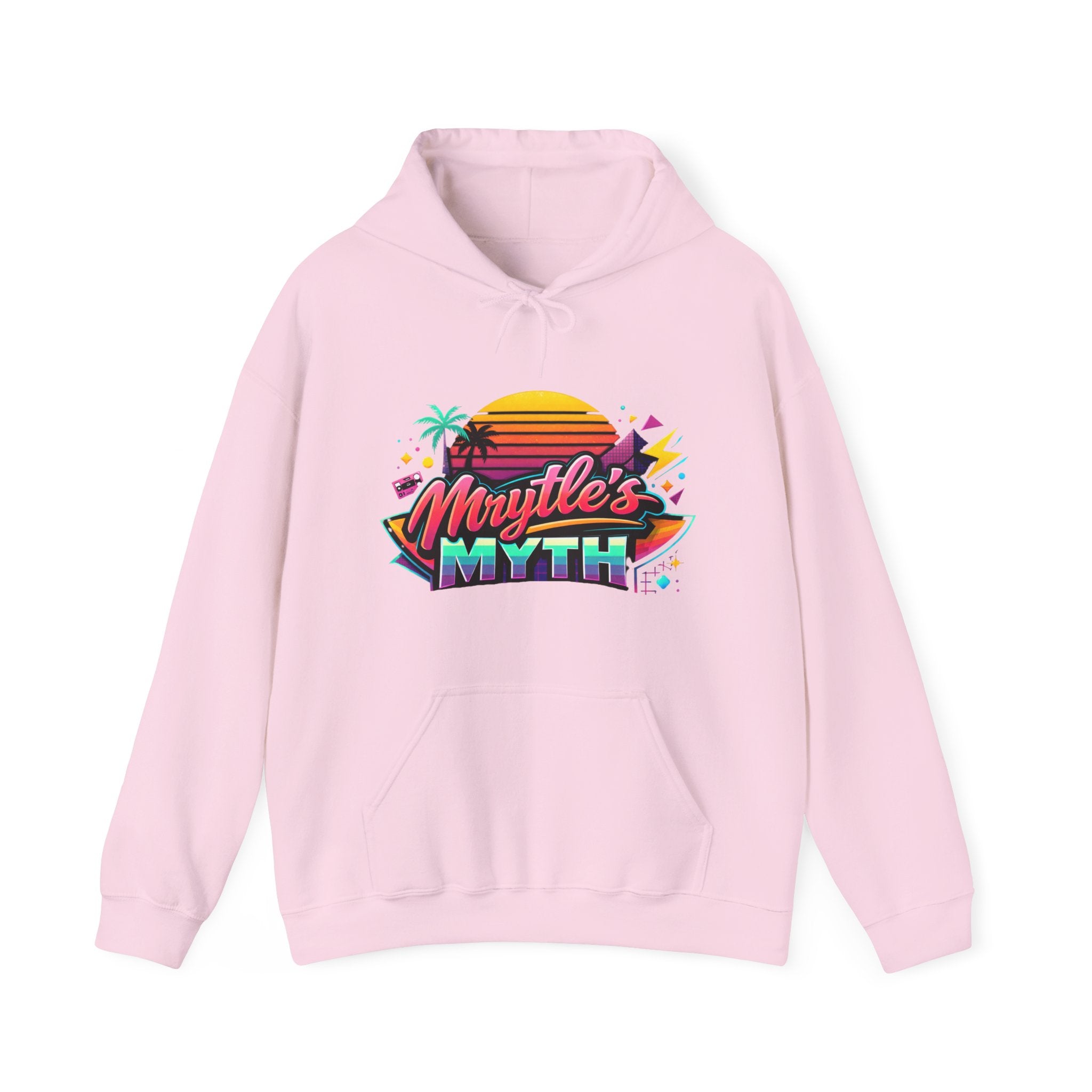 Retro Sunset Hoodie — "Myrtle's Myth" Neon Palm Beach Pullover