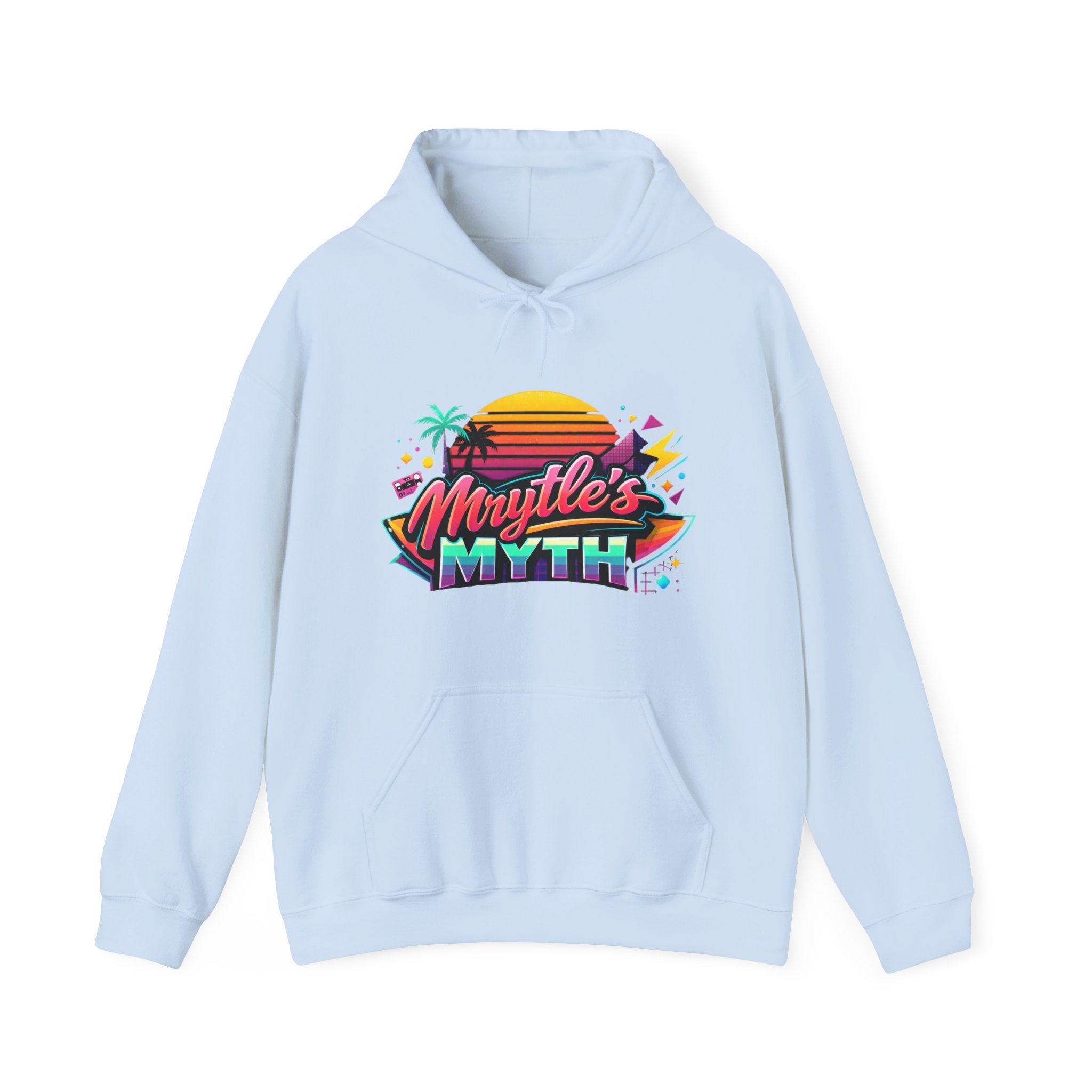 Retro Sunset Hoodie — "Myrtle's Myth" Neon Palm Beach Pullover