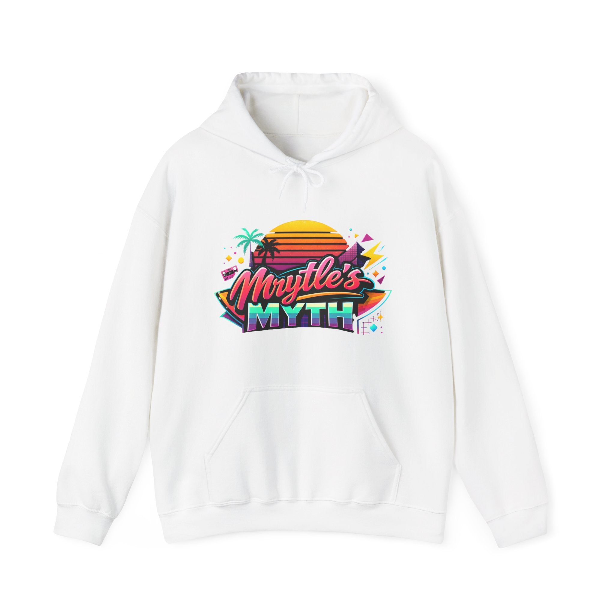 Retro Sunset Hoodie — "Myrtle's Myth" Neon Palm Beach Pullover